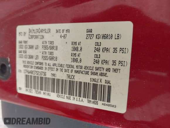2007 Dodge Dakota SLT with VIN 1D7HW48K57S216736, listed as a IAAI auction lot 42147254 with 38,397 mi miles and . Bid and sale history available at DreamBid. Image 9.