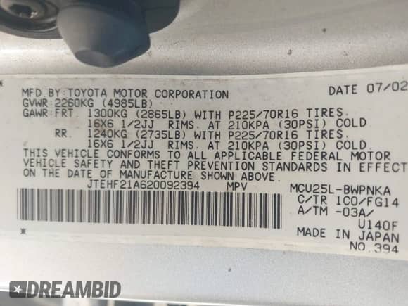 2002 Toyota Highlander with VIN JTEHF21A620092394, listed as a IAAI auction lot 43359800 with 148,341 mi miles and . Bid and sale history available at DreamBid. Image 9.