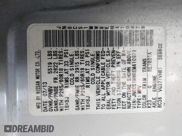 ✅ 2014 Infiniti QX70 • VIN: JN8CS1MW8EM410979 • Lot: 42053056. Listed on IAAI with Not provided. Free auction sales archive from the USA and detailed vehicle history report at DreamBid. Image 9.