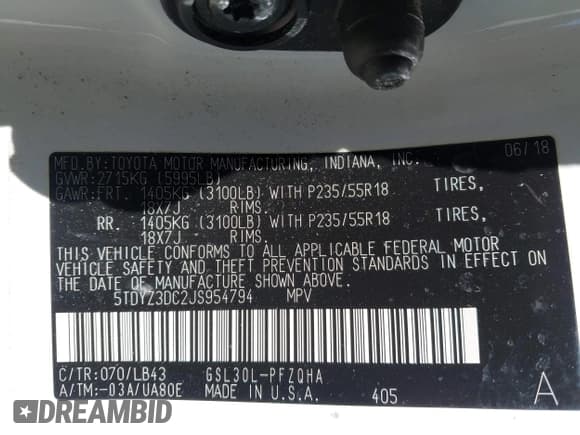 ✅ 2018 Toyota Sienna XLE • VIN: 5TDYZ3DC2JS954794 • Lot: 43708169. Listed on IAAI with 50,152 mi. Free auction sales archive from the USA and detailed vehicle history report at DreamBid. Image 9.