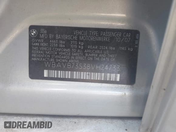 ✅ 2008 BMW 3 Series 335i • VIN: WBAVB73538VH24733 • Lot: 43906068. Listed on IAAI with 167,917 mi. Free auction sales archive from the USA and detailed vehicle history report at DreamBid. Image 9.