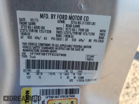 ✅ 2015 Ford F-350 XL • VIN: 1FTRF3BT7FEC67906 • Lot: 80363904. Listed on Copart with 211,327 mi. Free auction sales archive from the USA and detailed vehicle history report at DreamBid. Image 12.