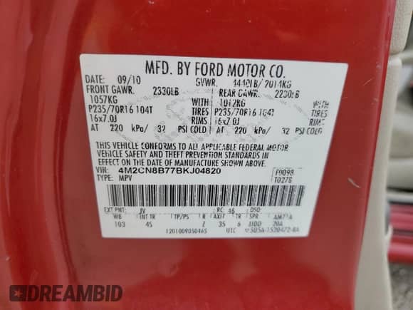 2011 Mercury Mariner z VIN 4M2CN8B77BKJ04820, wystawiony jako Copart lot #77322383 z przebiegiem Nie podano mil oraz Szkoda całkowita • Salvage title. Historia ofert i sprzedaży dostępna na DreamBid. Obrazek 13.