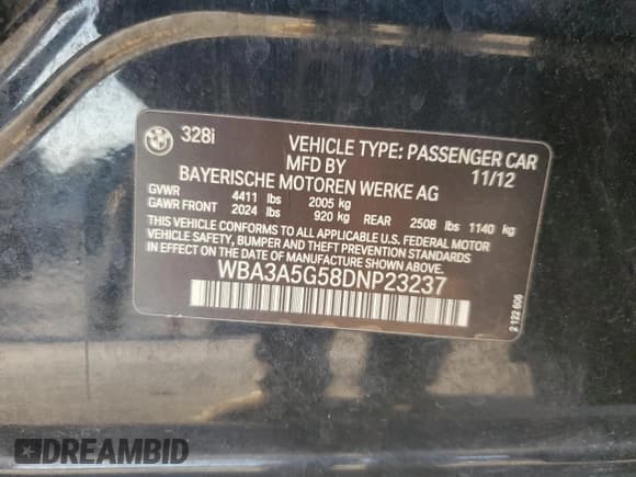 ✅ 2013 BMW 3 Series 328i • VIN: WBA3A5G58DNP23237 • Lot: 83877555. Listed on Copart with 136,326 mi. Free auction sales archive from the USA and detailed vehicle history report at DreamBid. Image 12.