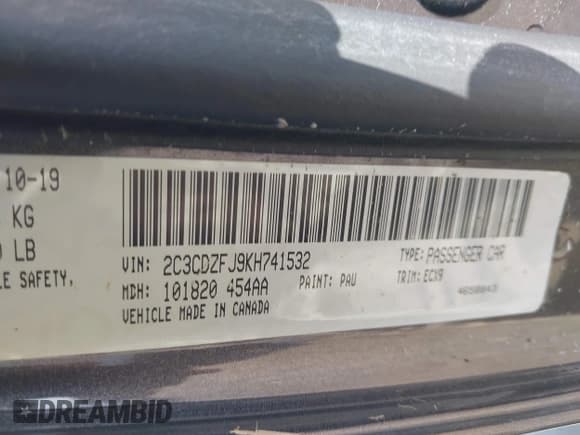 ✅ 2019 Dodge Challenger R/T Scat Pack • VIN: 2C3CDZFJ9KH741532 • Lot: 43139445. Listed on IAAI with 38,366 mi. Free auction sales archive from the USA and detailed vehicle history report at DreamBid. Image 9.