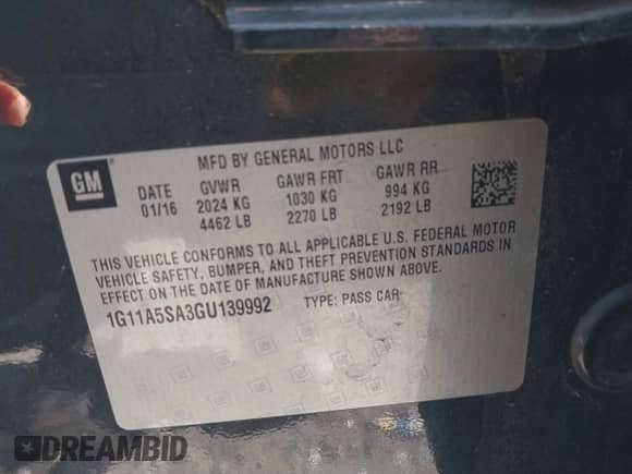 2016 Chevrolet Malibu LS with VIN 1G11A5SA3GU139992, listed as a IAAI auction lot 41062879 with 121,720 mi miles and . Bid and sale history available at DreamBid. Image 9.