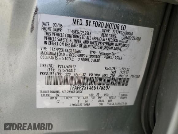 ✅ 2006 Ford Five Hundred SE • VIN: 1FAFP231X6G178607 • Lot: 82484495. Wystawiony na Copart z przebiegiem 203 203 mil. Bezpłatny archiwum sprzedaży aukcyjnych z USA i szczegółowy raport historii pojazdu na DreamBid. Zdjęcie 12.