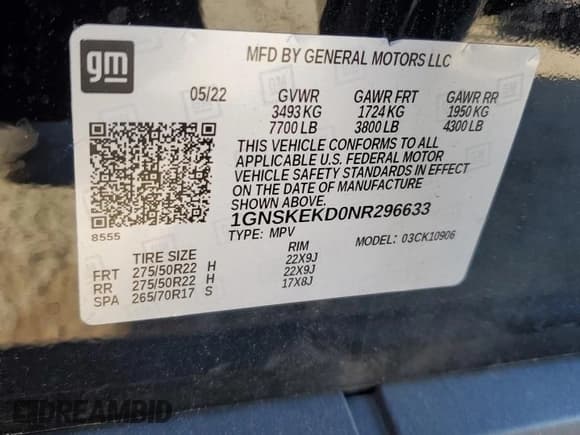 ✅ 2022 Chevrolet Suburban RST • VIN: 1GNSKEKD0NR296633 • Lot: 54446415. Listed on Copart with 34,461 mi. Free auction sales archive from the USA and detailed vehicle history report at DreamBid. Image 14.