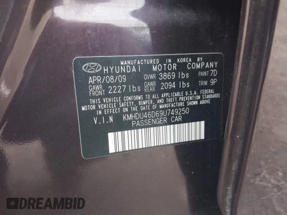 ✅ 2009 Hyundai Elantra GLS • VIN: KMHDU46D69U749250 • Лот: 43595050. Опубликован ранее на IAAI с пробегом 64 605 миль. Бесплатный доступ к архиву аукционных продаж из США и подробный отчёт об истории автомобиля на DreamBid. Изображение 9.