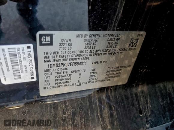 ✅ 2015 Cadillac Escalade Platinum • VIN: 1GYS3PKJ7FR664311 • Lot: 95120325. Listed on Copart with Not provided. Free auction sales archive from the USA and detailed vehicle history report at DreamBid. Image 13.