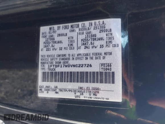 ✅ 1997 Ford F-150 • VIN: 1FTDF17W0VNC22726 • Lot: 43728081. Listed on IAAI with 194,836 mi. Free auction sales archive from the USA and detailed vehicle history report at DreamBid. Image 9.