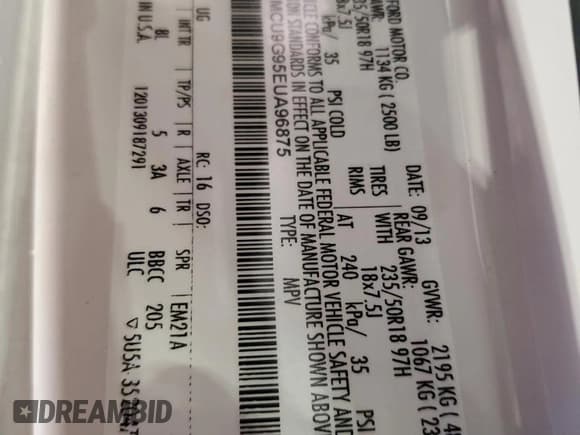 ✅ 2014 Ford Escape SE • VIN: 1FMCU9G95EUA96875 • Lot: 83991155. Listed on Copart with 48,206 mi. Free auction sales archive from the USA and detailed vehicle history report at DreamBid. Image 14.