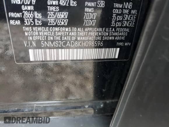 ✅ 2019 Hyundai Santa Fe SE • VIN: 5NMS2CAD8KH096596 • Lot: 66567162. Wystawiony na Copart z przebiegiem 60 419 mil. Bezpłatny archiwum sprzedaży aukcyjnych z USA i szczegółowy raport historii pojazdu na DreamBid. Zdjęcie 10.