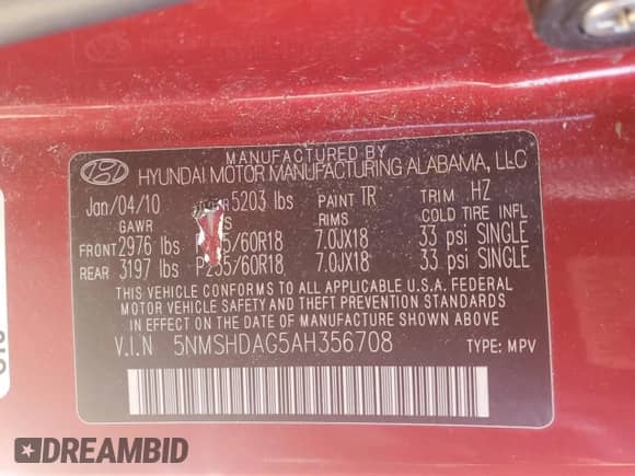 2010 Hyundai Santa Fe SE с VIN 5NMSHDAG5AH356708, выставлен на аукционе Copart как лот 73495784 с пробегом 156 961 миль миль и Чистый • Clean title. История ставок и продаж доступна на DreamBid. Изображение 12.