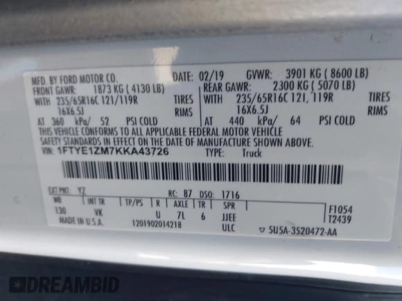 ✅ 2019 Ford Transit • VIN: 1FTYE1ZM7KKA43726 • Lot: 43512410. Wystawiony na IAAI z przebiegiem 202 236 mil. Bezpłatny archiwum sprzedaży aukcyjnych z USA i szczegółowy raport historii pojazdu na DreamBid. Zdjęcie 9.