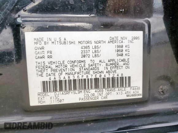 ✅ 2007 Mitsubishi Galant ES • VIN: 4A3AB36F87E047248 • Lot: 59893275. Listed on Copart with 163,396 mi. Free auction sales archive from the USA and detailed vehicle history report at DreamBid. Image 13.