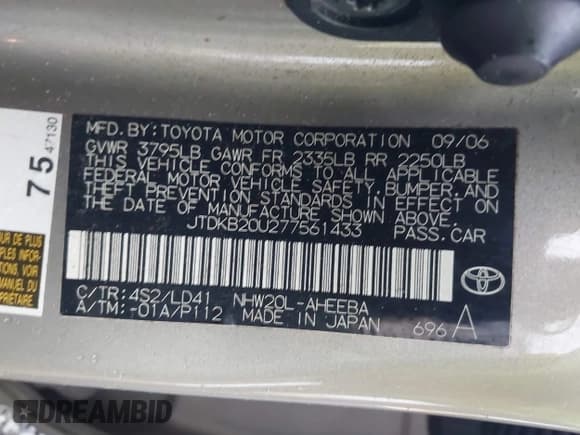 ✅ 2007 Toyota Prius • VIN: JTDKB20U277561433 • Lot: 43834465. Listed on IAAI with 156,694 mi. Free auction sales archive from the USA and detailed vehicle history report at DreamBid. Image 9.