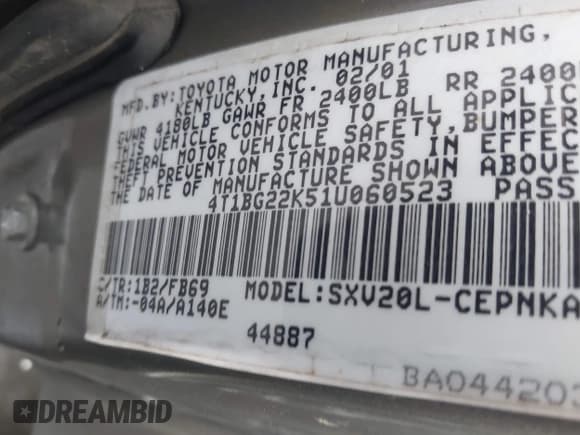 ✅ 2001 Toyota Camry LE • VIN: 4T1BG22K51U060523 • Lot: 43538968. Listed on IAAI with Not provided. Free auction sales archive from the USA and detailed vehicle history report at DreamBid. Image 9.