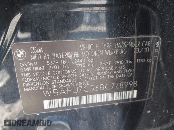 ✅ 2011 BMW 5 Series 535i xDrive • VIN: WBAFU7C53BC778998 • Лот: 43656799. Опубликован ранее на IAAI с пробегом 170 970 миль. Бесплатный доступ к архиву аукционных продаж из США и подробный отчёт об истории автомобиля на DreamBid. Изображение 9.