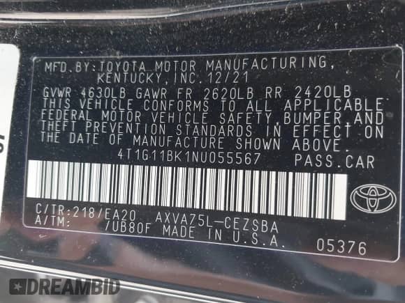 2022 Toyota Camry SE with VIN 4T1G11BK1NU055567, listed as a IAAI auction lot 42808183 with Not provided miles and . Bid and sale history available at DreamBid. Image 9.