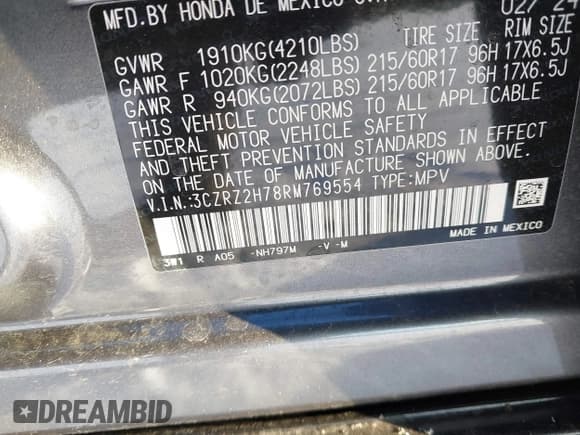 ✅ 2024 Honda HR-V EX-L • VIN: 3CZRZ2H78RM769554 • Lot: 41527741. Listed on IAAI with 4,156 mi. Free auction sales archive from the USA and detailed vehicle history report at DreamBid. Image 9.