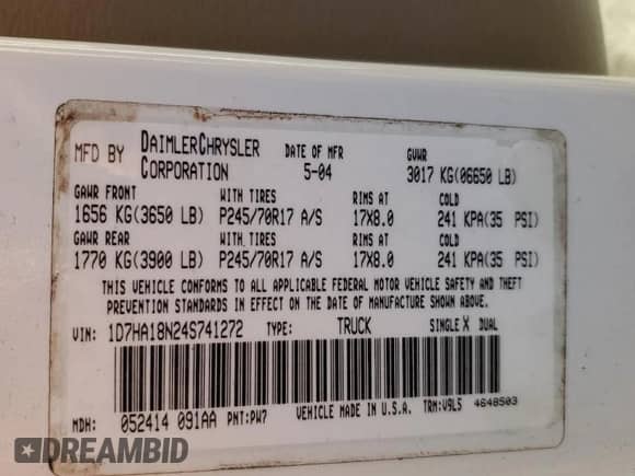 2004 Dodge 1500 SLT с VIN 1D7HA18N24S741272, выставлен на аукционе Copart как лот 74336294 с пробегом 193 594 миль миль и Списание • Salvage title. История ставок и продаж доступна на DreamBid. Изображение 15.