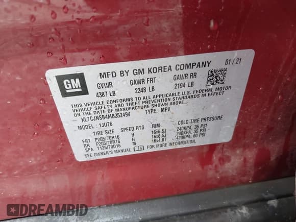 ✅ 2021 Chevrolet Trax LS • VIN: KL7CJNSB4MB352494 • Lot: 42561780. Listed on IAAI with 39,442 mi. Free auction sales archive from the USA and detailed vehicle history report at DreamBid. Image 9.