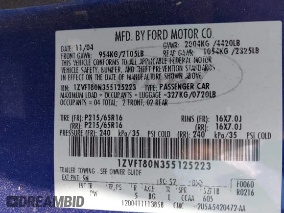 ✅ 2005 Ford Mustang Deluxe • VIN: 1ZVFT80N355125223 • Lot: 43054913. Wystawiony na IAAI z przebiegiem 97 966 mil. Bezpłatny archiwum sprzedaży aukcyjnych z USA i szczegółowy raport historii pojazdu na DreamBid. Zdjęcie 9.