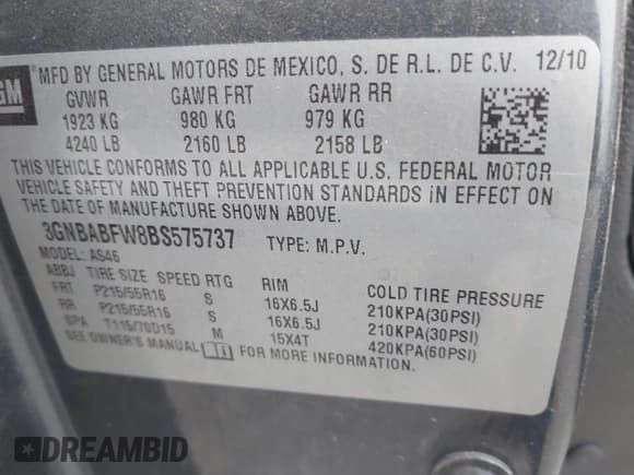 ✅ 2011 Chevrolet HHR 1LT • VIN: 3GNBABFW8BS575737 • Lot: 41533230. Listed on IAAI with 161,808 mi. Free auction sales archive from the USA and detailed vehicle history report at DreamBid. Image 9.