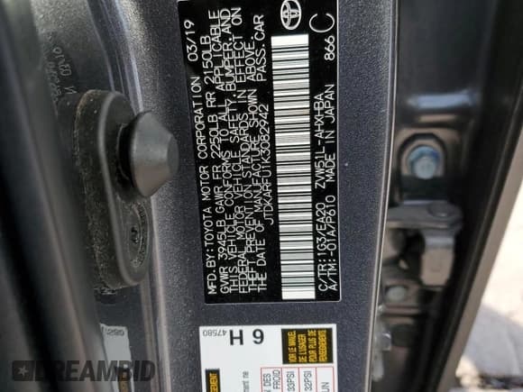 ✅ 2019 Toyota Prius XLE • VIN: JTDKARFU1K3082942 • Lot: 81978995. Listed on Copart with Not provided. Free auction sales archive from the USA and detailed vehicle history report at DreamBid. Image 13.