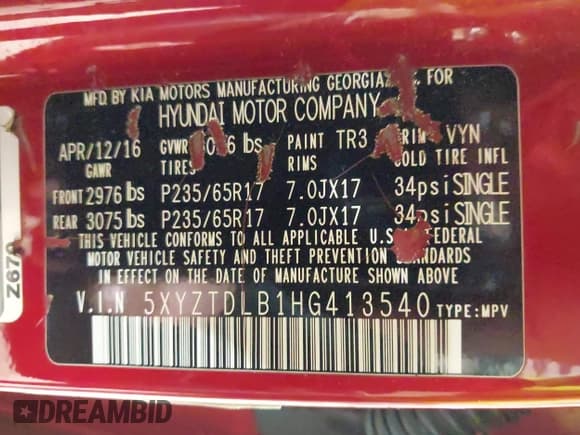 ✅ 2017 Hyundai Santa Fe 2.4L • VIN: 5XYZTDLB1HG413540 • Lot: 43900004. Listed on IAAI with 96,326 mi. Free auction sales archive from the USA and detailed vehicle history report at DreamBid. Image 9.