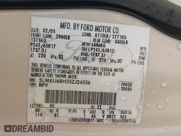 ✅ 2005 Lincoln Aviator • VIN: 5LMEU68H35ZJ24556 • Lot: 42821077. Listed on IAAI with 153,506 mi. Free auction sales archive from the USA and detailed vehicle history report at DreamBid. Image 9.