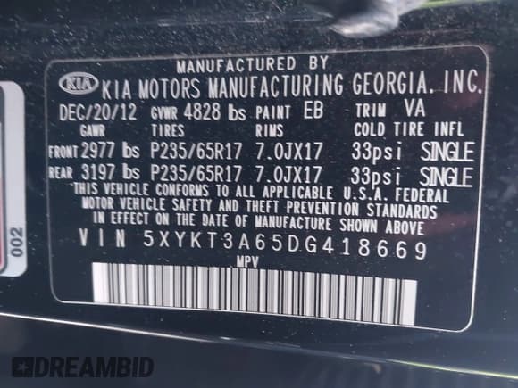 ✅ 2013 Kia Sorento LX • VIN: 5XYKT3A65DG418669 • Lot: 43803444. Listed on IAAI with 282,001 mi. Free auction sales archive from the USA and detailed vehicle history report at DreamBid. Image 9.