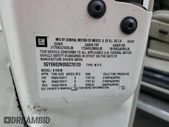 ✅ 2005 Cadillac Escalade EXT • VIN: 3GYEK62N05G278129 • Lot: 81022215. Listed on Copart with 279,240 mi. Free auction sales archive from the USA and detailed vehicle history report at DreamBid. Image 12.