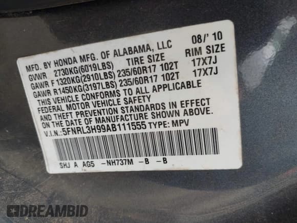 ✅ 2010 Honda Odyssey Touring • VIN: 5FNRL3H99AB111555 • Lot: 42533626. Listed on IAAI with 239,186 mi. Free auction sales archive from the USA and detailed vehicle history report at DreamBid. Image 9.