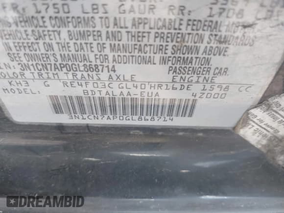 ✅ 2016 Nissan Versa S • VIN: 3N1CN7AP0GL868714 • Lot: 42814086. Listed on IAAI with 69,229 mi. Free auction sales archive from the USA and detailed vehicle history report at DreamBid. Image 9.