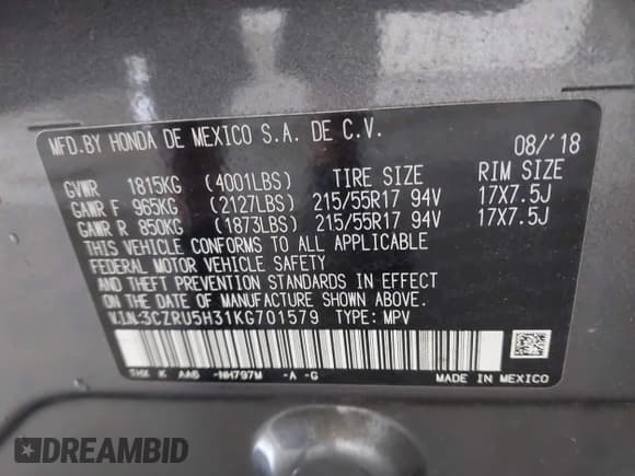 ✅ 2019 Honda HR-V LX • VIN: 3CZRU5H31KG701579 • Lot: 43312842. Wystawiony na IAAI z przebiegiem Nie podano. Bezpłatny archiwum sprzedaży aukcyjnych z USA i szczegółowy raport historii pojazdu na DreamBid. Zdjęcie 9.