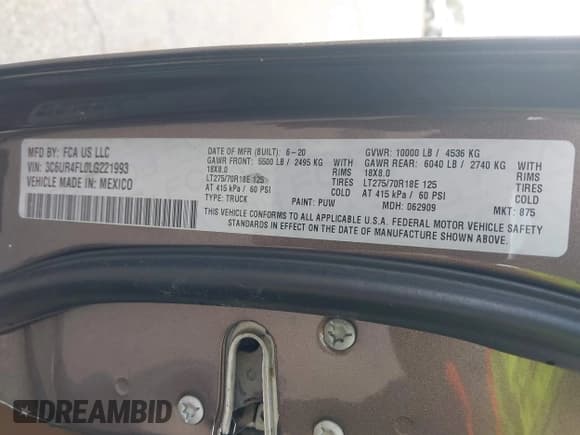 ✅ 2020 Ram 2500 • VIN: 3C6UR4FL0LG221993 • Lot: 43697882. Wystawiony na IAAI z przebiegiem Nie podano. Bezpłatny archiwum sprzedaży aukcyjnych z USA i szczegółowy raport historii pojazdu na DreamBid. Zdjęcie 9.