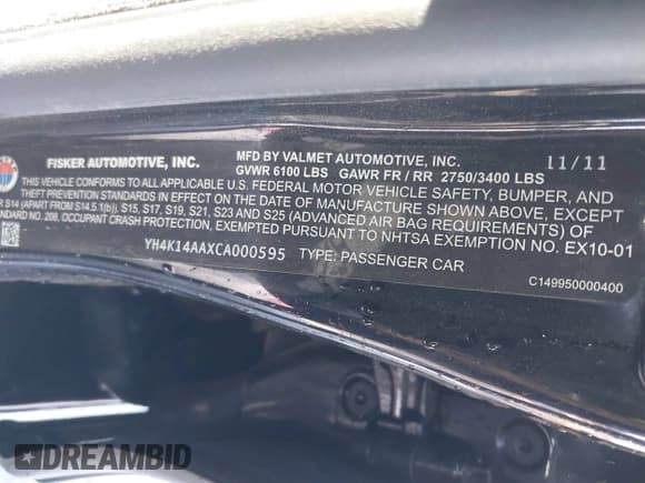 ✅ 2012 Fisker Karma EcoSport • VIN: YH4K14AAXCA000595 • Lot: 41491240. Listed on IAAI with 82,792 mi. Free auction sales archive from the USA and detailed vehicle history report at DreamBid. Image 9.