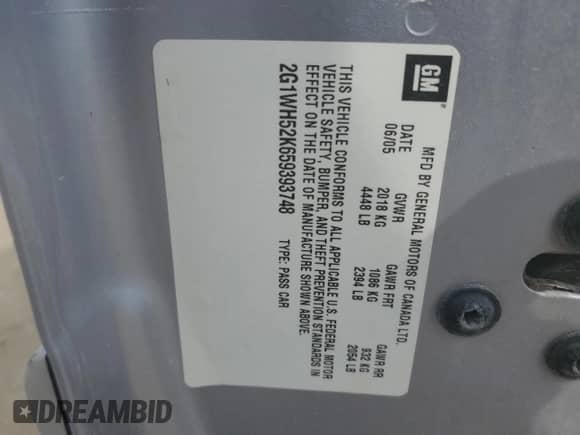 2005 Chevrolet Impala LS с VIN 2G1WH52K659393748, выставлен на аукционе Copart как лот 70998084 с пробегом 162 324 миль миль и Списание • Salvage title. История ставок и продаж доступна на DreamBid. Изображение 14.