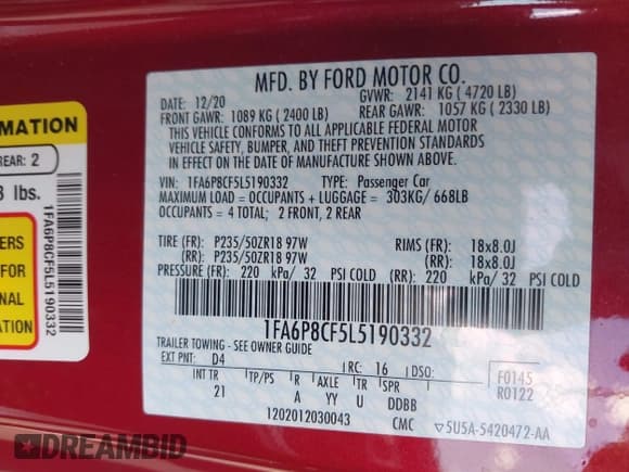 ✅ 2020 Ford Mustang GT • VIN: 1FA6P8CF5L5190332 • Lot: 43517250. Listed on IAAI with 32,663 mi. Free auction sales archive from the USA and detailed vehicle history report at DreamBid. Image 9.