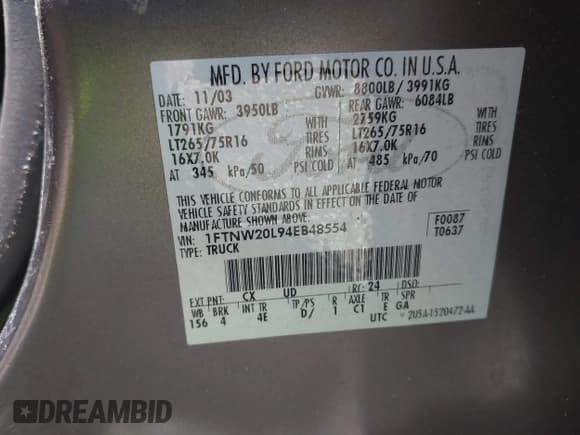 ✅ 2004 Ford F-250 XL • VIN: 1FTNW20L94EB48554 • Lot: 42451865. Listed on IAAI with 182,537 mi. Free auction sales archive from the USA and detailed vehicle history report at DreamBid. Image 9.