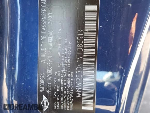 ✅ 2004 MINI Hardtop S • VIN: WMWRE33414TD80513 • Lot: 55528355. Listed on Copart with 142,455 mi. Free auction sales archive from the USA and detailed vehicle history report at DreamBid. Image 12.