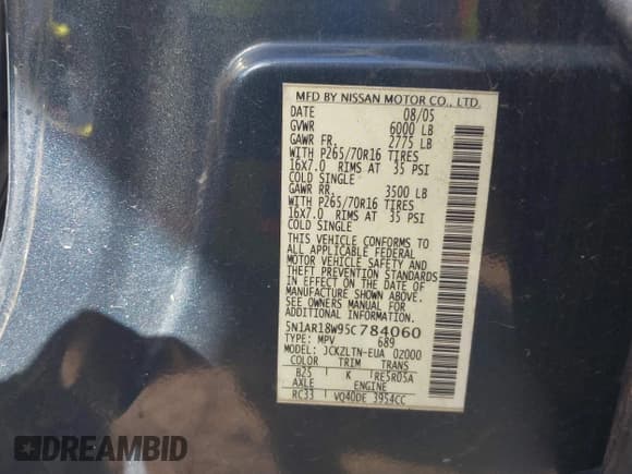 ✅ 2005 Nissan Pathfinder SE • VIN: 5N1AR18W95C784060 • Lot: 43520667. Listed on IAAI with 299,362 mi. Free auction sales archive from the USA and detailed vehicle history report at DreamBid. Image 9.