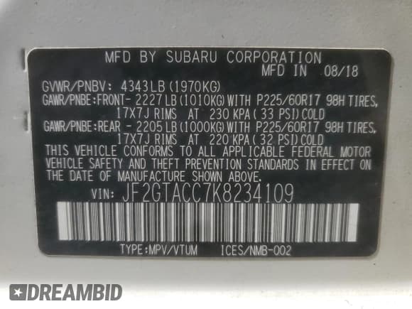 ✅ 2019 Subaru Crosstrek Premium • VIN: JF2GTACC7K8234109 • Lot: 84031575. Listed on Copart with 72,191 mi. Free auction sales archive from the USA and detailed vehicle history report at DreamBid. Image 14.