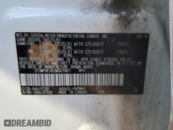 ✅ 2018 Toyota RAV4 XLE • VIN: 2T3WFREV8JW501961 • Lot: 82781425. Listed on Copart with 187,430 mi. Free auction sales archive from the USA and detailed vehicle history report at DreamBid. Image 13.