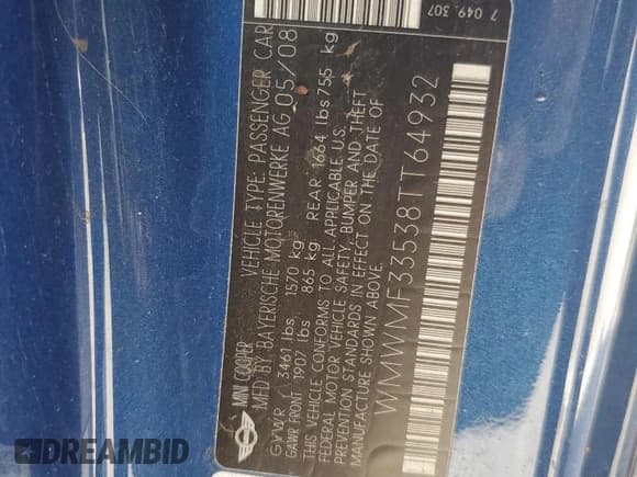 ✅ 2008 MINI Hardtop • VIN: WMWMF33538TT64932 • Lot: 81660675. Listed on Copart with Not provided. Free auction sales archive from the USA and detailed vehicle history report at DreamBid. Image 12.