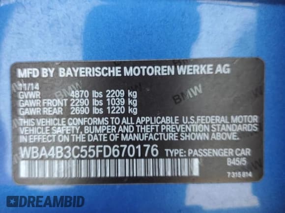 ✅ 2015 BMW 4 Series 435i xDrive • VIN: WBA4B3C55FD670176 • Lot: 57847755. Listed on Copart with 143,427 mi. Free auction sales archive from the USA and detailed vehicle history report at DreamBid. Image 13.