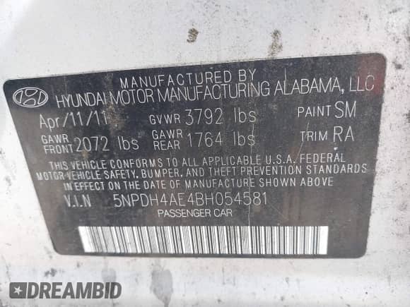 2011 Hyundai Elantra GLS with VIN 5NPDH4AE4BH054581, listed as a IAAI auction lot 42989316 with 79,519 mi miles and . Bid and sale history available at DreamBid. Image 9.