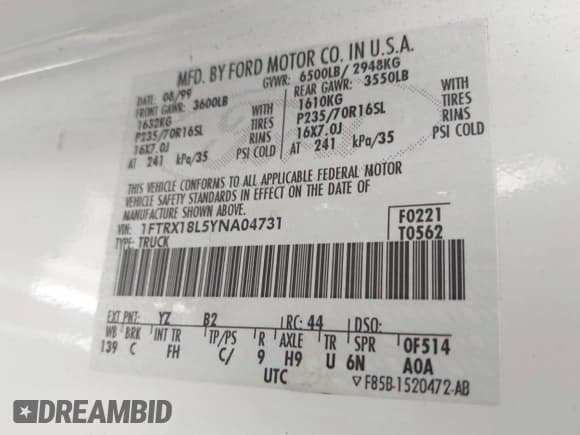 ✅ 2000 Ford F-150 XL • VIN: 1FTRX18L5YNA04731 • Lot: 43348989. Listed on IAAI with Not provided. Free auction sales archive from the USA and detailed vehicle history report at DreamBid. Image 9.